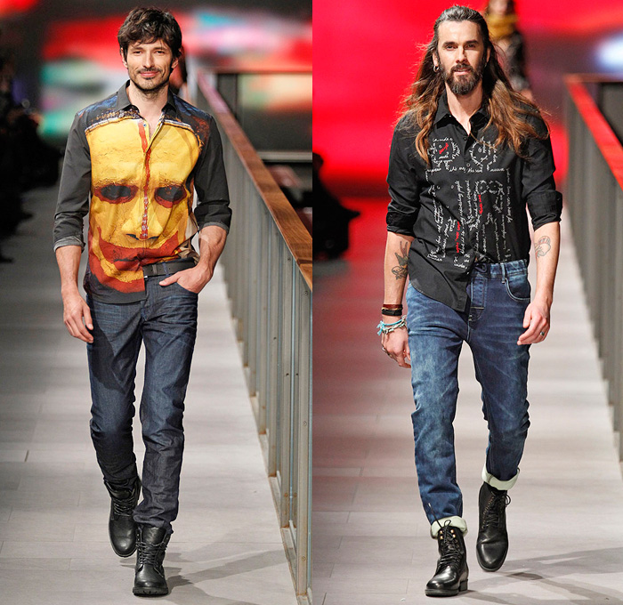 Desigual 2014-2015 Fall Autumn Winter Mens Runway Looks Fashion - 080 Barcelona Fashion Week - Why? Porque? - Denim Jeans Camouflage Vest Waistcoat Blazer Sportcoat Bomber Jacket Flamingo Graffiti Graphic Argyle Pattern