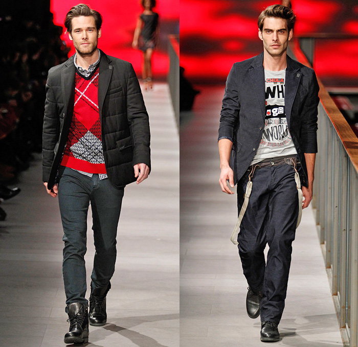 Desigual 2014-2015 Fall Autumn Winter Mens Runway Looks Fashion - 080 Barcelona Fashion Week - Why? Porque? - Denim Jeans Camouflage Vest Waistcoat Blazer Sportcoat Bomber Jacket Flamingo Graffiti Graphic Argyle Pattern