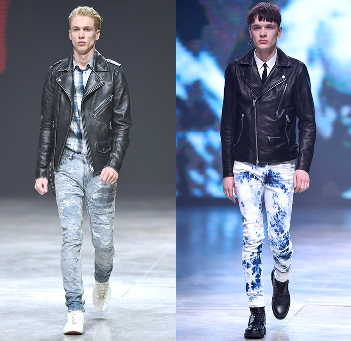 Diesel 2014-2015 Fall Autumn Winter Mens Runway Looks - Milan Italy Catwalk Fashion Show Nicola Formichetti Designer - Double Denim Jeans Holes Frayed Destroyed Destructed Trucker Shirt Skinny Paint Stains Splatters Patchwork Keys Locks Motorcycle Biker Rider Plaid Acid Wash Tie Dye Mesh Metallic Studs Zippers Spikes Stripes Hoodie Furry Outerwear Parka Coat Vest Waistcoat Leather Kilt Blazer Trench Coat Streetwear Graffiti Knit Sweater Jumper Cargo Pants 