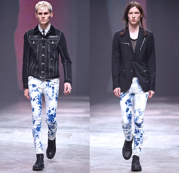 Diesel 2014-2015 Fall Autumn Winter Mens Runway Looks - Milan Italy Catwalk Fashion Show Nicola Formichetti Designer - Double Denim Jeans Holes Frayed Destroyed Destructed Trucker Shirt Skinny Paint Stains Splatters Patchwork Keys Locks Motorcycle Biker Rider Plaid Acid Wash Tie Dye Mesh Metallic Studs Zippers Spikes Stripes Hoodie Furry Outerwear Parka Coat Vest Waistcoat Leather Kilt Blazer Trench Coat Streetwear Graffiti Knit Sweater Jumper Cargo Pants 