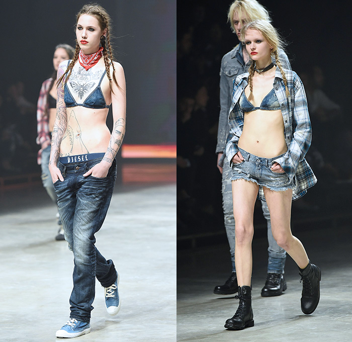 Diesel 2014-2015 Fall Autumn Winter Womens Runway Looks - Milan Italy Catwalk Fashion Show Nicola Formichetti Designer - Denim Jeans Swim Vintage Shorts Cutoffs Plaid Croptop Midriff Paint Splatters Stains Ripped Destroyed Bandeau Patchwork Holes Strap Dress Zipper Motorcycle Biker Rider Shirtdress Embellishments Keys Locks Leopard Metallic Studs Spikes Lion Wings Acid Wash Tie Dye Jumpsuit Graffiti Bleached Faded Sheer Chiffon Peek-a-Boo Boots Vest Coat Cargo