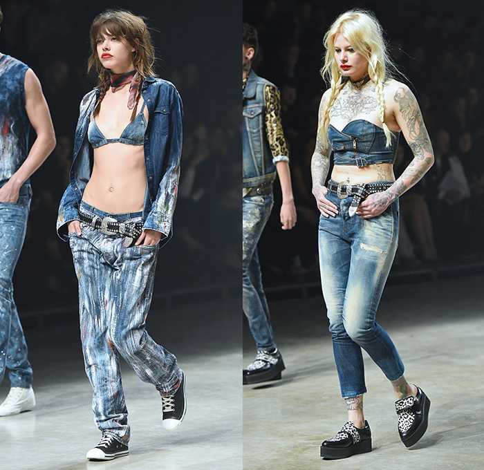 Diesel 2014-2015 Fall Autumn Winter Womens Runway Looks - Milan Italy Catwalk Fashion Show Nicola Formichetti Designer - Denim Jeans Swim Vintage Shorts Cutoffs Plaid Croptop Midriff Paint Splatters Stains Ripped Destroyed Bandeau Patchwork Holes Strap Dress Zipper Motorcycle Biker Rider Shirtdress Embellishments Keys Locks Leopard Metallic Studs Spikes Lion Wings Acid Wash Tie Dye Jumpsuit Graffiti Bleached Faded Sheer Chiffon Peek-a-Boo Boots Vest Coat Cargo