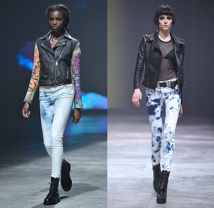 Diesel 2014-2015 Fall Autumn Winter Womens Runway Looks - Milan Italy Catwalk Fashion Show Nicola Formichetti Designer - Denim Jeans Swim Vintage Shorts Cutoffs Plaid Croptop Midriff Paint Splatters Stains Ripped Destroyed Bandeau Patchwork Holes Strap Dress Zipper Motorcycle Biker Rider Shirtdress Embellishments Keys Locks Leopard Metallic Studs Spikes Lion Wings Acid Wash Tie Dye Jumpsuit Graffiti Bleached Faded Sheer Chiffon Peek-a-Boo Boots Vest Coat Cargo