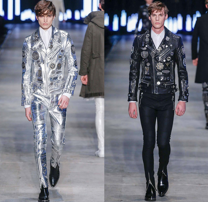 Diesel Black Gold 2014-2015 Fall Autumn Winter Mens Runway Looks Fashion - Pitti Immagine Uomo 85 - Metallic Silver Motorcycle Biker Rider Racer Leather Jacket Knee Panels Bomber Jacket Emblem Patchwork Zippers Studs Military Officer Outerwear Pea Coat Parka Blazer Turtleneck Checks Chunky Knit Sweater Jumper