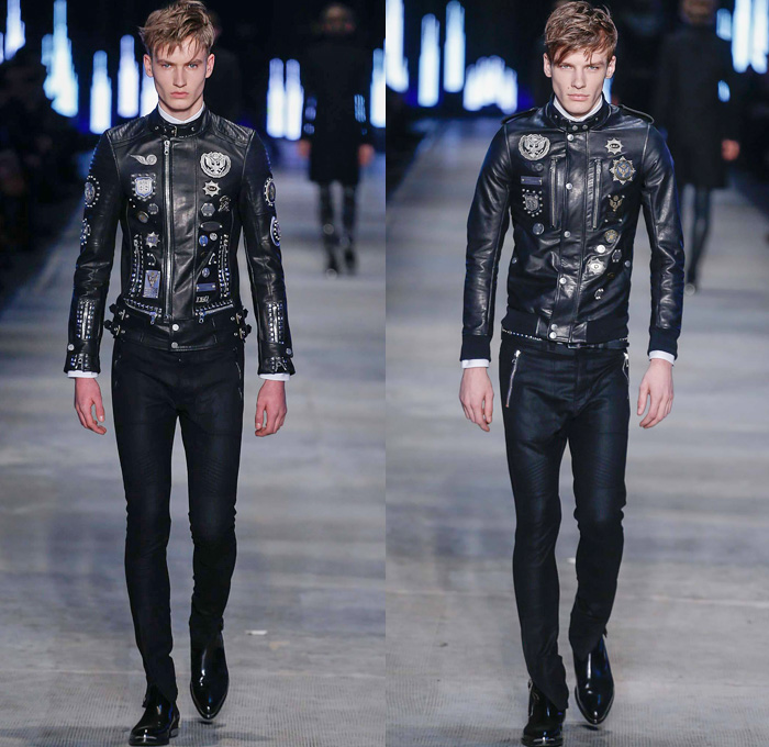 Diesel Black Gold 2014-2015 Fall Autumn Winter Mens Runway Looks Fashion - Pitti Immagine Uomo 85 - Metallic Silver Motorcycle Biker Rider Racer Leather Jacket Knee Panels Bomber Jacket Emblem Patchwork Zippers Studs Military Officer Outerwear Pea Coat Parka Blazer Turtleneck Checks Chunky Knit Sweater Jumper