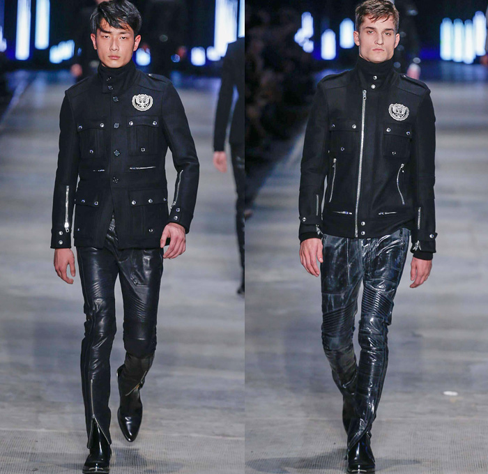 Diesel Black Gold 2014-2015 Fall Autumn Winter Mens Runway Looks Fashion - Pitti Immagine Uomo 85 - Metallic Silver Motorcycle Biker Rider Racer Leather Jacket Knee Panels Bomber Jacket Emblem Patchwork Zippers Studs Military Officer Outerwear Pea Coat Parka Blazer Turtleneck Checks Chunky Knit Sweater Jumper