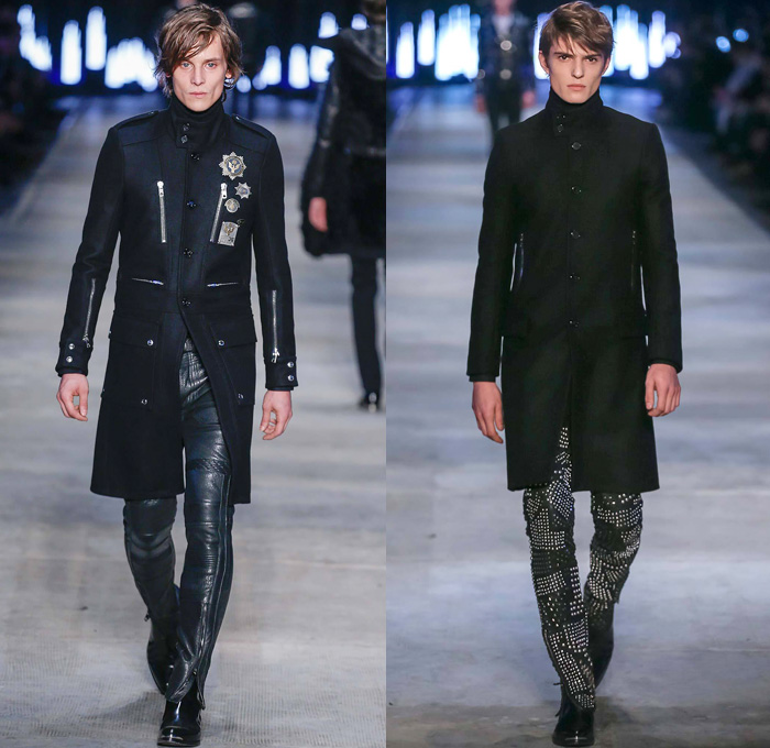 Diesel Black Gold 2014-2015 Fall Autumn Winter Mens Runway Looks Fashion - Pitti Immagine Uomo 85 - Metallic Silver Motorcycle Biker Rider Racer Leather Jacket Knee Panels Bomber Jacket Emblem Patchwork Zippers Studs Military Officer Outerwear Pea Coat Parka Blazer Turtleneck Checks Chunky Knit Sweater Jumper