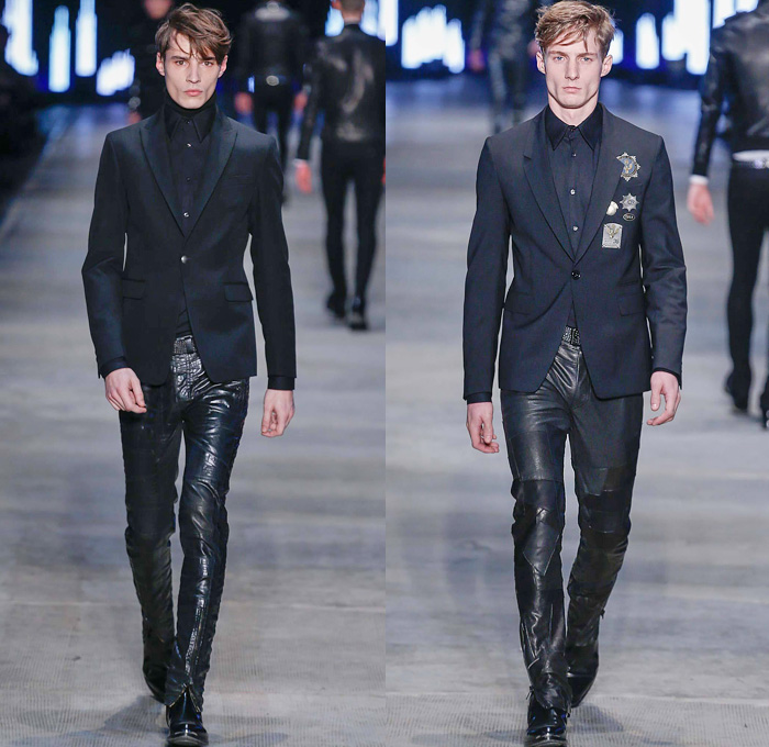 Diesel Black Gold 2014-2015 Fall Autumn Winter Mens Runway Looks Fashion - Pitti Immagine Uomo 85 - Metallic Silver Motorcycle Biker Rider Racer Leather Jacket Knee Panels Bomber Jacket Emblem Patchwork Zippers Studs Military Officer Outerwear Pea Coat Parka Blazer Turtleneck Checks Chunky Knit Sweater Jumper