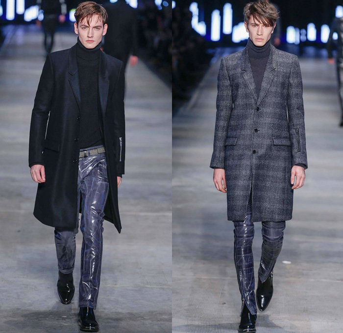 Diesel Black Gold 2014-2015 Fall Autumn Winter Mens Runway Looks Fashion - Pitti Immagine Uomo 85 - Metallic Silver Motorcycle Biker Rider Racer Leather Jacket Knee Panels Bomber Jacket Emblem Patchwork Zippers Studs Military Officer Outerwear Pea Coat Parka Blazer Turtleneck Checks Chunky Knit Sweater Jumper