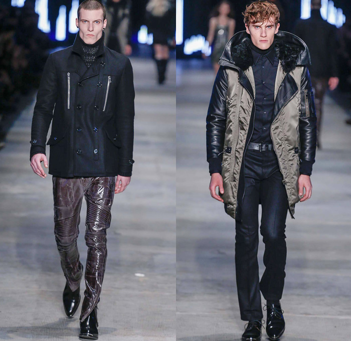 Diesel Black Gold 2014-2015 Fall Autumn Winter Mens Runway Looks Fashion - Pitti Immagine Uomo 85 - Metallic Silver Motorcycle Biker Rider Racer Leather Jacket Knee Panels Bomber Jacket Emblem Patchwork Zippers Studs Military Officer Outerwear Pea Coat Parka Blazer Turtleneck Checks Chunky Knit Sweater Jumper