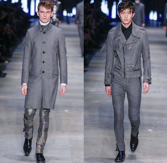 Diesel Black Gold 2014-2015 Fall Autumn Winter Mens Runway Looks Fashion - Pitti Immagine Uomo 85 - Metallic Silver Motorcycle Biker Rider Racer Leather Jacket Knee Panels Bomber Jacket Emblem Patchwork Zippers Studs Military Officer Outerwear Pea Coat Parka Blazer Turtleneck Checks Chunky Knit Sweater Jumper