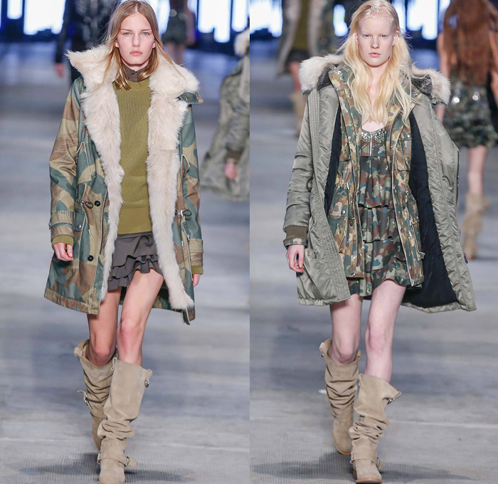 Diesel Black Gold 2014-2015 Fall Autumn Winter Womens Runway Looks Fashion - Pitti Immagine Uomo 85 - Urban Military Camouflage Outerwear Coat Parka Ruffles Mini Skirt Knit Sweater Jumper Furry Boots Shorts Studded Embroidery Embellished