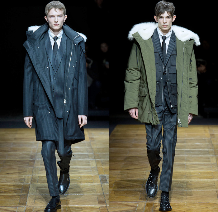 Dior Homme 2014-2015 Fall Autumn Winter Mens Runway Looks Fashion - Paris Fashion Week Mode à Paris Masculine Défilés - Denim Jeans Nautical Trench Coat Overcoat Topcoat Oversized Outerwear Parka Pinstripes Multi-Panel Suit Blazer Polka Dots Field Aviator Bomber Jacket Sweater Jumper Vest Waistcoat Cargo Pockets Flowers Florals Squiggle Rose Bud