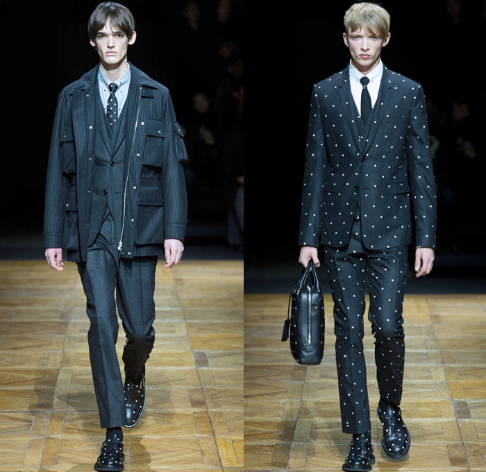 Dior Homme 2014-2015 Fall Autumn Winter Mens Runway Looks Fashion - Paris Fashion Week Mode à Paris Masculine Défilés - Denim Jeans Nautical Trench Coat Overcoat Topcoat Oversized Outerwear Parka Pinstripes Multi-Panel Suit Blazer Polka Dots Field Aviator Bomber Jacket Sweater Jumper Vest Waistcoat Cargo Pockets Flowers Florals Squiggle Rose Bud