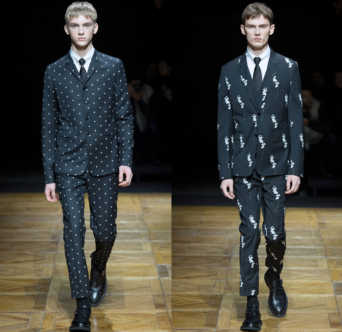 Dior Homme 2014-2015 Fall Autumn Winter Mens Runway Looks Fashion - Paris Fashion Week Mode à Paris Masculine Défilés - Denim Jeans Nautical Trench Coat Overcoat Topcoat Oversized Outerwear Parka Pinstripes Multi-Panel Suit Blazer Polka Dots Field Aviator Bomber Jacket Sweater Jumper Vest Waistcoat Cargo Pockets Flowers Florals Squiggle Rose Bud