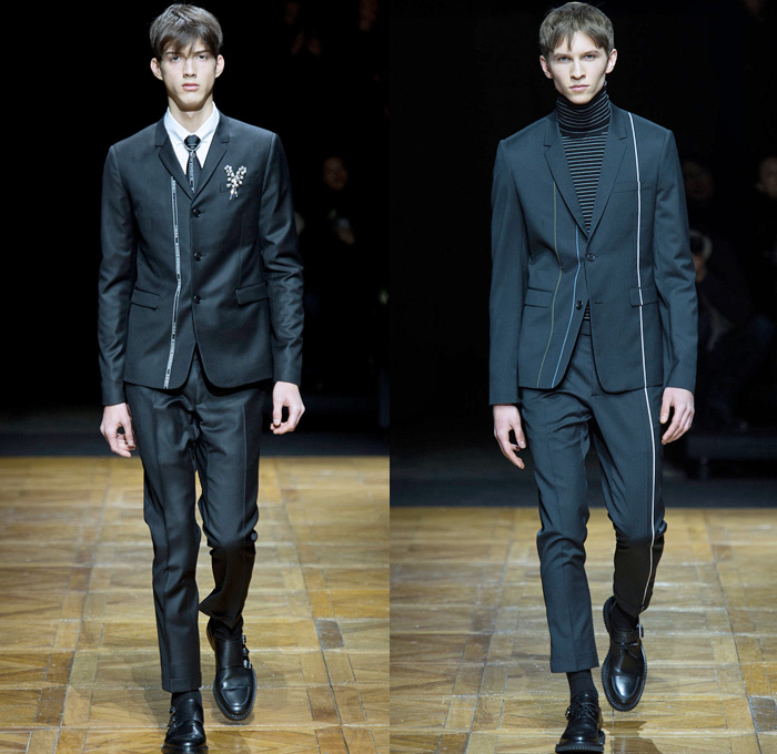 Dior Homme 2014-2015 Fall Autumn Winter Mens Runway Looks Fashion - Paris Fashion Week Mode à Paris Masculine Défilés - Denim Jeans Nautical Trench Coat Overcoat Topcoat Oversized Outerwear Parka Pinstripes Multi-Panel Suit Blazer Polka Dots Field Aviator Bomber Jacket Sweater Jumper Vest Waistcoat Cargo Pockets Flowers Florals Squiggle Rose Bud