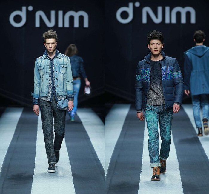 d'nim by Chen Wen 2014-2015 Fall Autumn Winter Runway Looks - Mercedes-Benz China Fashion Week Beijing - Mens Collections - Denim Jeans Multi Panel Prints Geometric Outerwear Asymmetrical Skirt Drapery Boots Scarf Trucker Jacket Dress Coat Ombre Dye Bralette Crop Top Midriff Swirls Motorcycle Biker Rider Blouse Shirt Patchwork Down Jacket Vintage Ripped Holes Destroyed Destructed Paint Splatters Droplets Stains Parka