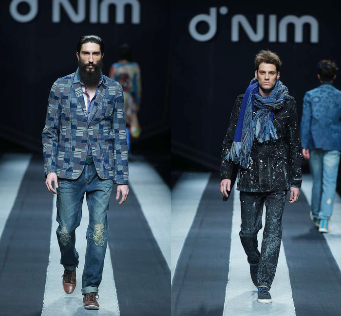 d'nim by Chen Wen 2014-2015 Fall Autumn Winter Runway Looks - Mercedes-Benz China Fashion Week Beijing - Mens Collections - Denim Jeans Multi Panel Prints Geometric Outerwear Asymmetrical Skirt Drapery Boots Scarf Trucker Jacket Dress Coat Ombre Dye Bralette Crop Top Midriff Swirls Motorcycle Biker Rider Blouse Shirt Patchwork Down Jacket Vintage Ripped Holes Destroyed Destructed Paint Splatters Droplets Stains Parka