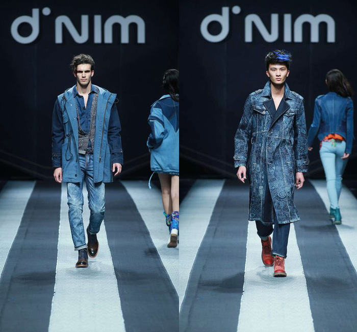 d'nim by Chen Wen 2014-2015 Fall Autumn Winter Runway Looks - Mercedes-Benz China Fashion Week Beijing - Mens Collections - Denim Jeans Multi Panel Prints Geometric Outerwear Asymmetrical Skirt Drapery Boots Scarf Trucker Jacket Dress Coat Ombre Dye Bralette Crop Top Midriff Swirls Motorcycle Biker Rider Blouse Shirt Patchwork Down Jacket Vintage Ripped Holes Destroyed Destructed Paint Splatters Droplets Stains Parka