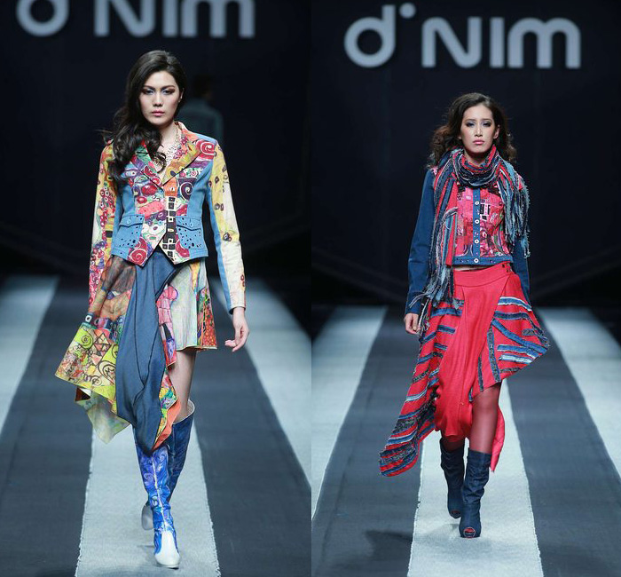 d'nim by Chen Wen 2014-2015 Fall Autumn Winter Runway Looks - Mercedes-Benz China Fashion Week Beijing - Womens Collections - Denim Jeans Multi Panel Prints Geometric Outerwear Asymmetrical Skirt Drapery Boots Scarf Trucker Jacket Dress Coat Ombre Dye Bralette Crop Top Midriff Swirls Motorcycle Biker Rider Blouse Shirt Patchwork Down Jacket Vintage Ripped Holes Destroyed Destructed Paint Splatters Droplets Stains Parka
