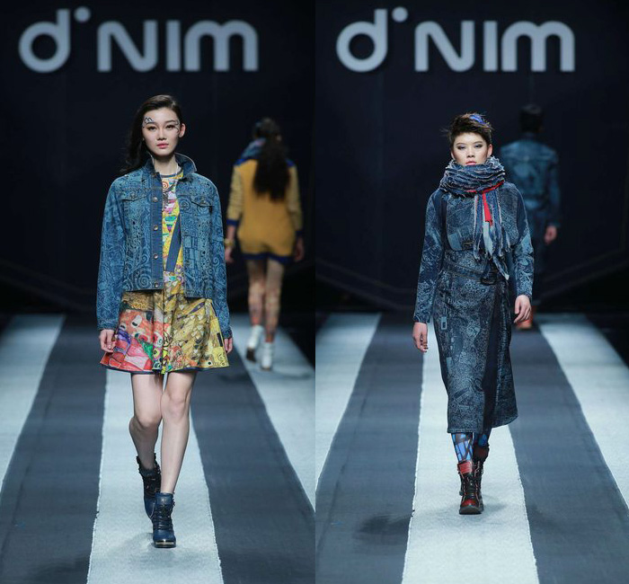 d'nim by Chen Wen 2014-2015 Fall Autumn Winter Runway Looks - Mercedes-Benz China Fashion Week Beijing - Womens Collections - Denim Jeans Multi Panel Prints Geometric Outerwear Asymmetrical Skirt Drapery Boots Scarf Trucker Jacket Dress Coat Ombre Dye Bralette Crop Top Midriff Swirls Motorcycle Biker Rider Blouse Shirt Patchwork Down Jacket Vintage Ripped Holes Destroyed Destructed Paint Splatters Droplets Stains Parka