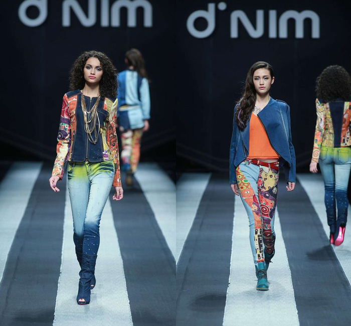 d'nim by Chen Wen 2014-2015 Fall Autumn Winter Runway Looks - Mercedes-Benz China Fashion Week Beijing - Womens Collections - Denim Jeans Multi Panel Prints Geometric Outerwear Asymmetrical Skirt Drapery Boots Scarf Trucker Jacket Dress Coat Ombre Dye Bralette Crop Top Midriff Swirls Motorcycle Biker Rider Blouse Shirt Patchwork Down Jacket Vintage Ripped Holes Destroyed Destructed Paint Splatters Droplets Stains Parka