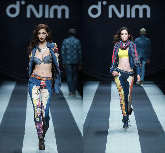 d'nim by Chen Wen 2014-2015 Fall Autumn Winter Runway Looks - Mercedes-Benz China Fashion Week Beijing - Womens Collections - Denim Jeans Multi Panel Prints Geometric Outerwear Asymmetrical Skirt Drapery Boots Scarf Trucker Jacket Dress Coat Ombre Dye Bralette Crop Top Midriff Swirls Motorcycle Biker Rider Blouse Shirt Patchwork Down Jacket Vintage Ripped Holes Destroyed Destructed Paint Splatters Droplets Stains Parka