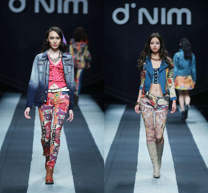 d'nim by Chen Wen 2014-2015 Fall Autumn Winter Runway Looks - Mercedes-Benz China Fashion Week Beijing - Womens Collections - Denim Jeans Multi Panel Prints Geometric Outerwear Asymmetrical Skirt Drapery Boots Scarf Trucker Jacket Dress Coat Ombre Dye Bralette Crop Top Midriff Swirls Motorcycle Biker Rider Blouse Shirt Patchwork Down Jacket Vintage Ripped Holes Destroyed Destructed Paint Splatters Droplets Stains Parka