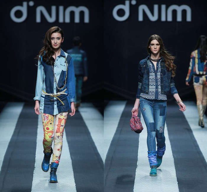 d'nim by Chen Wen 2014-2015 Fall Autumn Winter Runway Looks - Mercedes-Benz China Fashion Week Beijing - Womens Collections - Denim Jeans Multi Panel Prints Geometric Outerwear Asymmetrical Skirt Drapery Boots Scarf Trucker Jacket Dress Coat Ombre Dye Bralette Crop Top Midriff Swirls Motorcycle Biker Rider Blouse Shirt Patchwork Down Jacket Vintage Ripped Holes Destroyed Destructed Paint Splatters Droplets Stains Parka