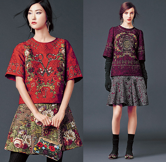 Dolce & Gabbana 2014-2015 Fall Autumn Winter Womens Lookbook Collection - Baroque Print Motif Flowers Florals Botanical Sweater Jumper Jacquard Brocade Embossed Engraved Keys Skirt Frock Embroidery Tights Leggings Gloves Tunic Dress Laser Cut Perforated 3D Cutout Lace Leather Pleats Peter Pan Collar Turtleneck Knit Ribbon Pantsuit Blazer Tuxedo Tweed Wool Silk Bouclé Furry Coat Outerwear Mesh Gown Drapery