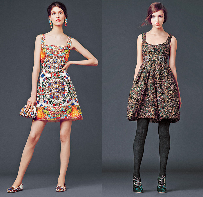 Dolce & Gabbana 2014-2015 Fall Autumn Winter Womens Lookbook Collection - Baroque Print Motif Flowers Florals Botanical Sweater Jumper Jacquard Brocade Embossed Engraved Keys Skirt Frock Embroidery Tights Leggings Gloves Tunic Dress Laser Cut Perforated 3D Cutout Lace Leather Pleats Peter Pan Collar Turtleneck Knit Ribbon Pantsuit Blazer Tuxedo Tweed Wool Silk Bouclé Furry Coat Outerwear Mesh Gown Drapery