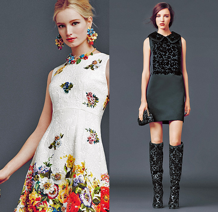 Dolce & Gabbana 2014-2015 Fall Autumn Winter Womens Lookbook Collection - Baroque Print Motif Flowers Florals Botanical Sweater Jumper Jacquard Brocade Embossed Engraved Keys Skirt Frock Embroidery Tights Leggings Gloves Tunic Dress Laser Cut Perforated 3D Cutout Lace Leather Pleats Peter Pan Collar Turtleneck Knit Ribbon Pantsuit Blazer Tuxedo Tweed Wool Silk Bouclé Furry Coat Outerwear Mesh Gown Drapery