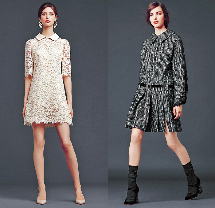 Dolce & Gabbana 2014-2015 Fall Autumn Winter Womens Lookbook Collection - Baroque Print Motif Flowers Florals Botanical Sweater Jumper Jacquard Brocade Embossed Engraved Keys Skirt Frock Embroidery Tights Leggings Gloves Tunic Dress Laser Cut Perforated 3D Cutout Lace Leather Pleats Peter Pan Collar Turtleneck Knit Ribbon Pantsuit Blazer Tuxedo Tweed Wool Silk Bouclé Furry Coat Outerwear Mesh Gown Drapery