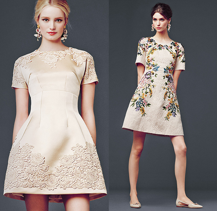 Dolce & Gabbana 2014-2015 Fall Autumn Winter Womens Lookbook Collection - Baroque Print Motif Flowers Florals Botanical Sweater Jumper Jacquard Brocade Embossed Engraved Keys Skirt Frock Embroidery Tights Leggings Gloves Tunic Dress Laser Cut Perforated 3D Cutout Lace Leather Pleats Peter Pan Collar Turtleneck Knit Ribbon Pantsuit Blazer Tuxedo Tweed Wool Silk Bouclé Furry Coat Outerwear Mesh Gown Drapery