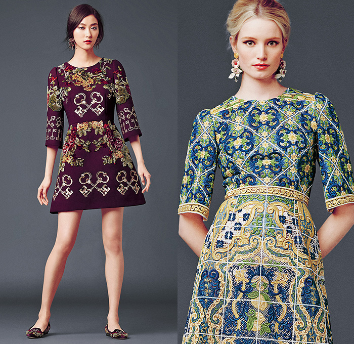 Dolce & Gabbana 2014-2015 Fall Autumn Winter Womens Lookbook Collection - Baroque Print Motif Flowers Florals Botanical Sweater Jumper Jacquard Brocade Embossed Engraved Keys Skirt Frock Embroidery Tights Leggings Gloves Tunic Dress Laser Cut Perforated 3D Cutout Lace Leather Pleats Peter Pan Collar Turtleneck Knit Ribbon Pantsuit Blazer Tuxedo Tweed Wool Silk Bouclé Furry Coat Outerwear Mesh Gown Drapery