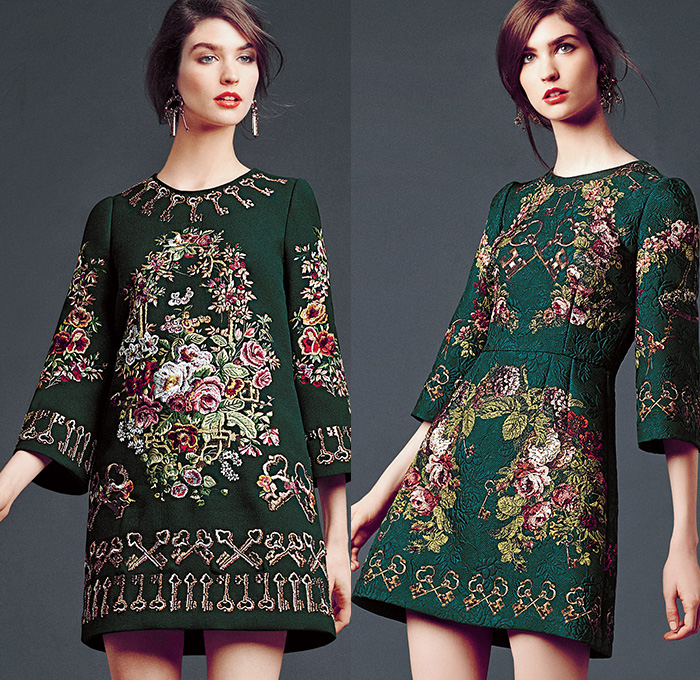 Dolce & Gabbana 2014-2015 Fall Autumn Winter Womens Lookbook Collection - Baroque Print Motif Flowers Florals Botanical Sweater Jumper Jacquard Brocade Embossed Engraved Keys Skirt Frock Embroidery Tights Leggings Gloves Tunic Dress Laser Cut Perforated 3D Cutout Lace Leather Pleats Peter Pan Collar Turtleneck Knit Ribbon Pantsuit Blazer Tuxedo Tweed Wool Silk Bouclé Furry Coat Outerwear Mesh Gown Drapery