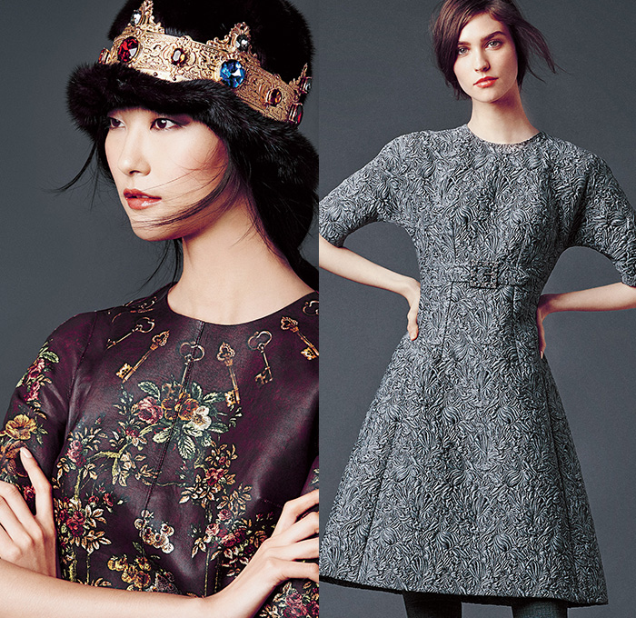 Dolce & Gabbana 2014-2015 Fall Autumn Winter Womens Lookbook Collection - Baroque Print Motif Flowers Florals Botanical Sweater Jumper Jacquard Brocade Embossed Engraved Keys Skirt Frock Embroidery Tights Leggings Gloves Tunic Dress Laser Cut Perforated 3D Cutout Lace Leather Pleats Peter Pan Collar Turtleneck Knit Ribbon Pantsuit Blazer Tuxedo Tweed Wool Silk Bouclé Furry Coat Outerwear Mesh Gown Drapery