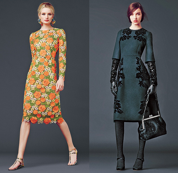 Dolce & Gabbana 2014-2015 Fall Autumn Winter Womens Lookbook Collection - Baroque Print Motif Flowers Florals Botanical Sweater Jumper Jacquard Brocade Embossed Engraved Keys Skirt Frock Embroidery Tights Leggings Gloves Tunic Dress Laser Cut Perforated 3D Cutout Lace Leather Pleats Peter Pan Collar Turtleneck Knit Ribbon Pantsuit Blazer Tuxedo Tweed Wool Silk Bouclé Furry Coat Outerwear Mesh Gown Drapery