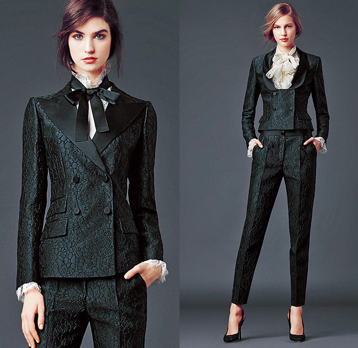 Dolce & Gabbana 2014-2015 Fall Autumn Winter Womens Lookbook Collection - Baroque Print Motif Flowers Florals Botanical Sweater Jumper Jacquard Brocade Embossed Engraved Keys Skirt Frock Embroidery Tights Leggings Gloves Tunic Dress Laser Cut Perforated 3D Cutout Lace Leather Pleats Peter Pan Collar Turtleneck Knit Ribbon Pantsuit Blazer Tuxedo Tweed Wool Silk Bouclé Furry Coat Outerwear Mesh Gown Drapery