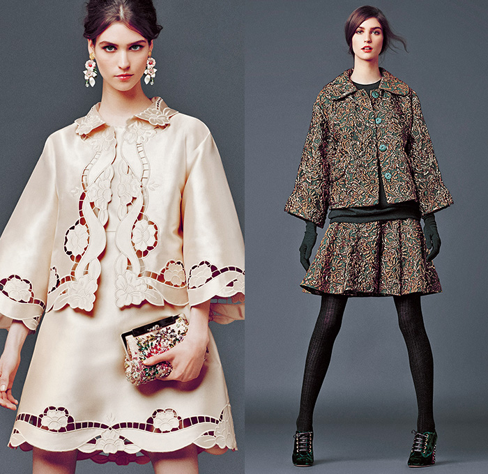 Dolce & Gabbana 2014-2015 Fall Autumn Winter Womens Lookbook Collection - Baroque Print Motif Flowers Florals Botanical Sweater Jumper Jacquard Brocade Embossed Engraved Keys Skirt Frock Embroidery Tights Leggings Gloves Tunic Dress Laser Cut Perforated 3D Cutout Lace Leather Pleats Peter Pan Collar Turtleneck Knit Ribbon Pantsuit Blazer Tuxedo Tweed Wool Silk Bouclé Furry Coat Outerwear Mesh Gown Drapery