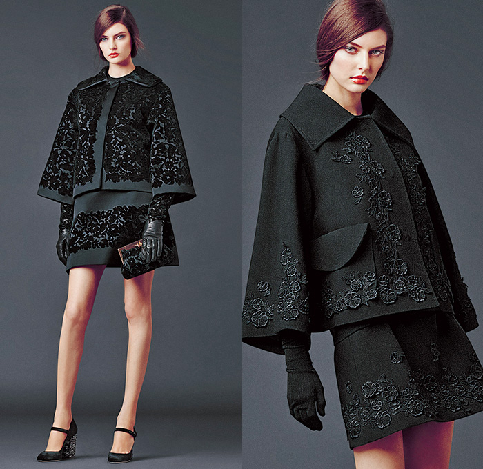 Dolce & Gabbana 2014-2015 Fall Autumn Winter Womens Lookbook Collection - Baroque Print Motif Flowers Florals Botanical Sweater Jumper Jacquard Brocade Embossed Engraved Keys Skirt Frock Embroidery Tights Leggings Gloves Tunic Dress Laser Cut Perforated 3D Cutout Lace Leather Pleats Peter Pan Collar Turtleneck Knit Ribbon Pantsuit Blazer Tuxedo Tweed Wool Silk Bouclé Furry Coat Outerwear Mesh Gown Drapery