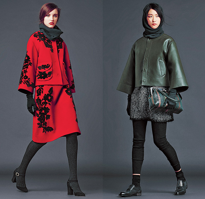 Dolce & Gabbana 2014-2015 Fall Autumn Winter Womens Lookbook Collection - Baroque Print Motif Flowers Florals Botanical Sweater Jumper Jacquard Brocade Embossed Engraved Keys Skirt Frock Embroidery Tights Leggings Gloves Tunic Dress Laser Cut Perforated 3D Cutout Lace Leather Pleats Peter Pan Collar Turtleneck Knit Ribbon Pantsuit Blazer Tuxedo Tweed Wool Silk Bouclé Furry Coat Outerwear Mesh Gown Drapery