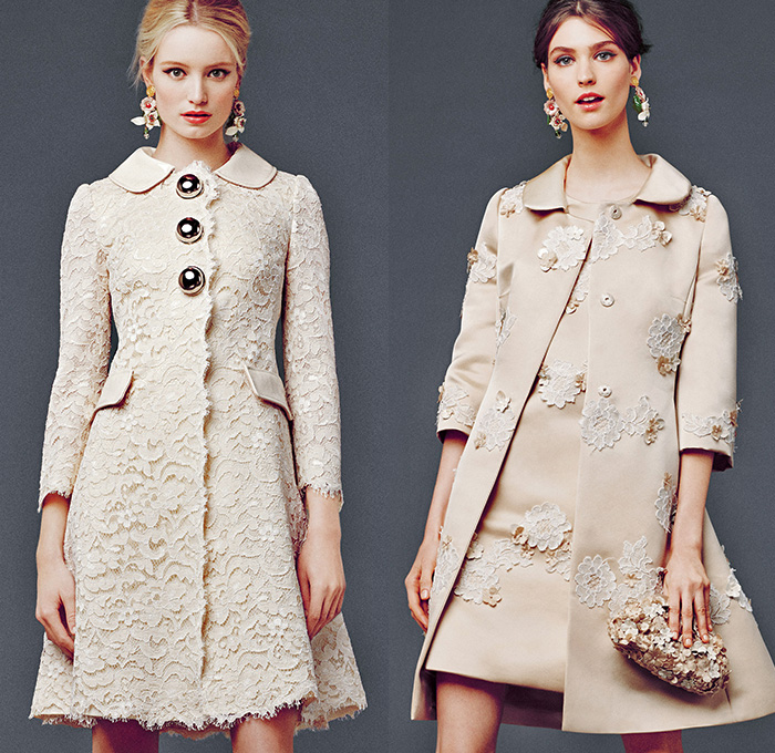 Dolce & Gabbana 2014-2015 Fall Autumn Winter Womens Lookbook Collection - Baroque Print Motif Flowers Florals Botanical Sweater Jumper Jacquard Brocade Embossed Engraved Keys Skirt Frock Embroidery Tights Leggings Gloves Tunic Dress Laser Cut Perforated 3D Cutout Lace Leather Pleats Peter Pan Collar Turtleneck Knit Ribbon Pantsuit Blazer Tuxedo Tweed Wool Silk Bouclé Furry Coat Outerwear Mesh Gown Drapery