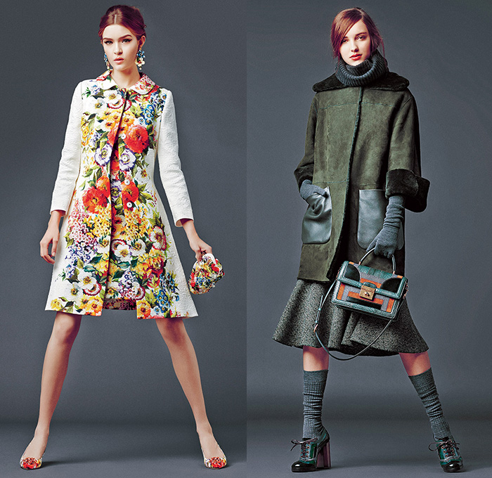 Dolce & Gabbana 2014-2015 Fall Autumn Winter Womens Lookbook Collection - Baroque Print Motif Flowers Florals Botanical Sweater Jumper Jacquard Brocade Embossed Engraved Keys Skirt Frock Embroidery Tights Leggings Gloves Tunic Dress Laser Cut Perforated 3D Cutout Lace Leather Pleats Peter Pan Collar Turtleneck Knit Ribbon Pantsuit Blazer Tuxedo Tweed Wool Silk Bouclé Furry Coat Outerwear Mesh Gown Drapery