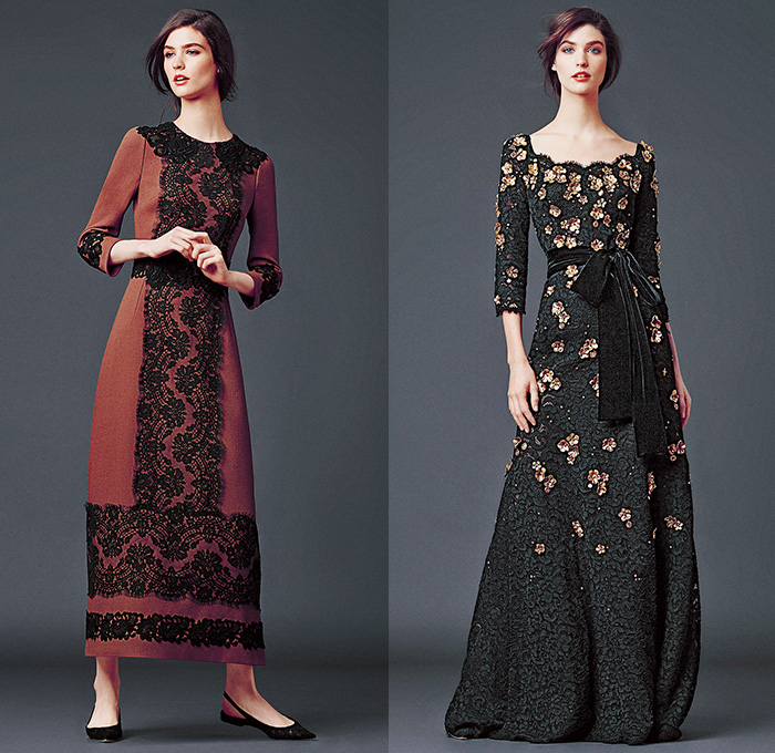 Dolce & Gabbana 2014-2015 Fall Autumn Winter Womens Lookbook Collection - Baroque Print Motif Flowers Florals Botanical Sweater Jumper Jacquard Brocade Embossed Engraved Keys Skirt Frock Embroidery Tights Leggings Gloves Tunic Dress Laser Cut Perforated 3D Cutout Lace Leather Pleats Peter Pan Collar Turtleneck Knit Ribbon Pantsuit Blazer Tuxedo Tweed Wool Silk Bouclé Furry Coat Outerwear Mesh Gown Drapery