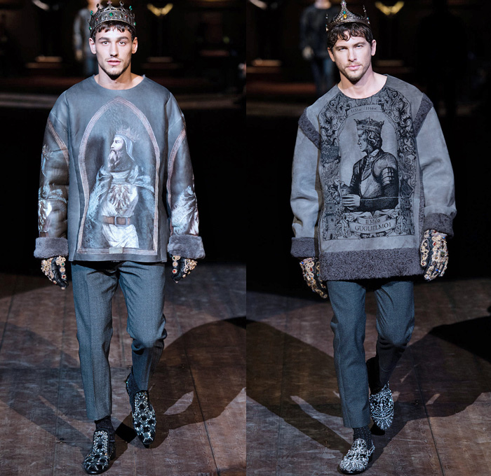 Dolce & Gabbana 2014-2015 Fall Autumn Winter Mens Runway Looks Fashion - Milano Moda Uomo Milan Fashion Week - Camera Nazionale della Moda Italiana - Norman Kings Royalty Oversized Coats Crown Furry Embroidery Turtleneck Scarf Chunky Knits Knights Coif Hat Headwear Ornamental Print Motif Architecture Portraits