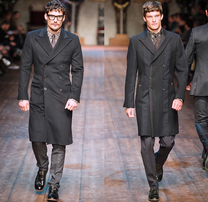 Dolce & Gabbana 2014-2015 Fall Autumn Winter Mens Runway Looks Fashion - Milano Moda Uomo Milan Fashion Week - Camera Nazionale della Moda Italiana - Norman Kings Royalty Oversized Coats Crown Furry Embroidery Turtleneck Scarf Chunky Knits Knights Coif Hat Headwear Ornamental Print Motif Architecture Portraits