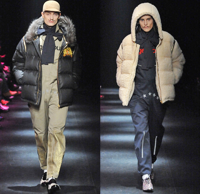 DRESSCAMP by Toshikazu Iwaya 2014-2015 Fall Autumn Winter Mens Runway Looks - Mercedes-Benz Fashion Week Tokyo Japan Catwalk Fashion Show - Denim Jeans Jumpsuit Boiler Suit Coveralls Outerwear Down Parka Coat Furry Hoodie Ribbon Leopard Oversized Dalmatian Spots Plaid Tartan Military Shorts Tuxedo Jacket Moustache Tights Fringes Hearts Stars Houndstooth Wide Leg Pants Trousers Motorcycle Biker Rider Hat Sweatpants Sweatshirt Necklace Print Motif