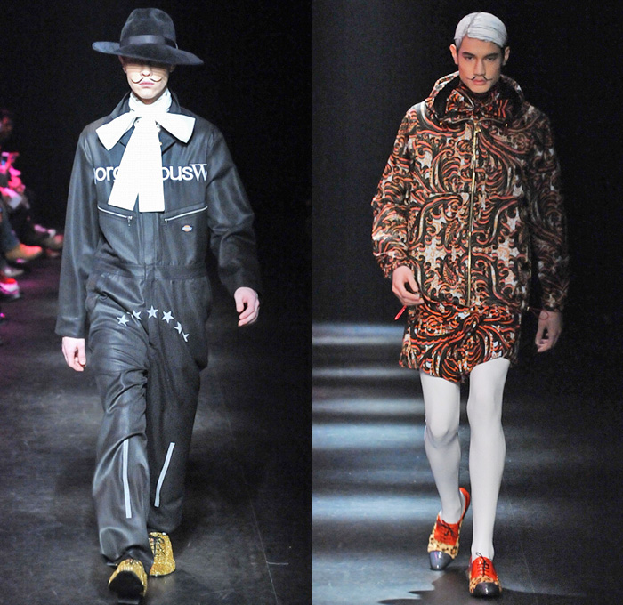 DRESSCAMP by Toshikazu Iwaya 2014-2015 Fall Autumn Winter Mens Runway Looks - Mercedes-Benz Fashion Week Tokyo Japan Catwalk Fashion Show - Denim Jeans Jumpsuit Boiler Suit Coveralls Outerwear Down Parka Coat Furry Hoodie Ribbon Leopard Oversized Dalmatian Spots Plaid Tartan Military Shorts Tuxedo Jacket Moustache Tights Fringes Hearts Stars Houndstooth Wide Leg Pants Trousers Motorcycle Biker Rider Hat Sweatpants Sweatshirt Necklace Print Motif