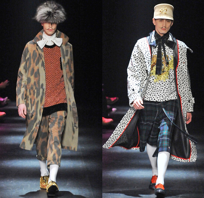 DRESSCAMP by Toshikazu Iwaya 2014-2015 Fall Autumn Winter Mens Runway Looks - Mercedes-Benz Fashion Week Tokyo Japan Catwalk Fashion Show - Denim Jeans Jumpsuit Boiler Suit Coveralls Outerwear Down Parka Coat Furry Hoodie Ribbon Leopard Oversized Dalmatian Spots Plaid Tartan Military Shorts Tuxedo Jacket Moustache Tights Fringes Hearts Stars Houndstooth Wide Leg Pants Trousers Motorcycle Biker Rider Hat Sweatpants Sweatshirt Necklace Print Motif